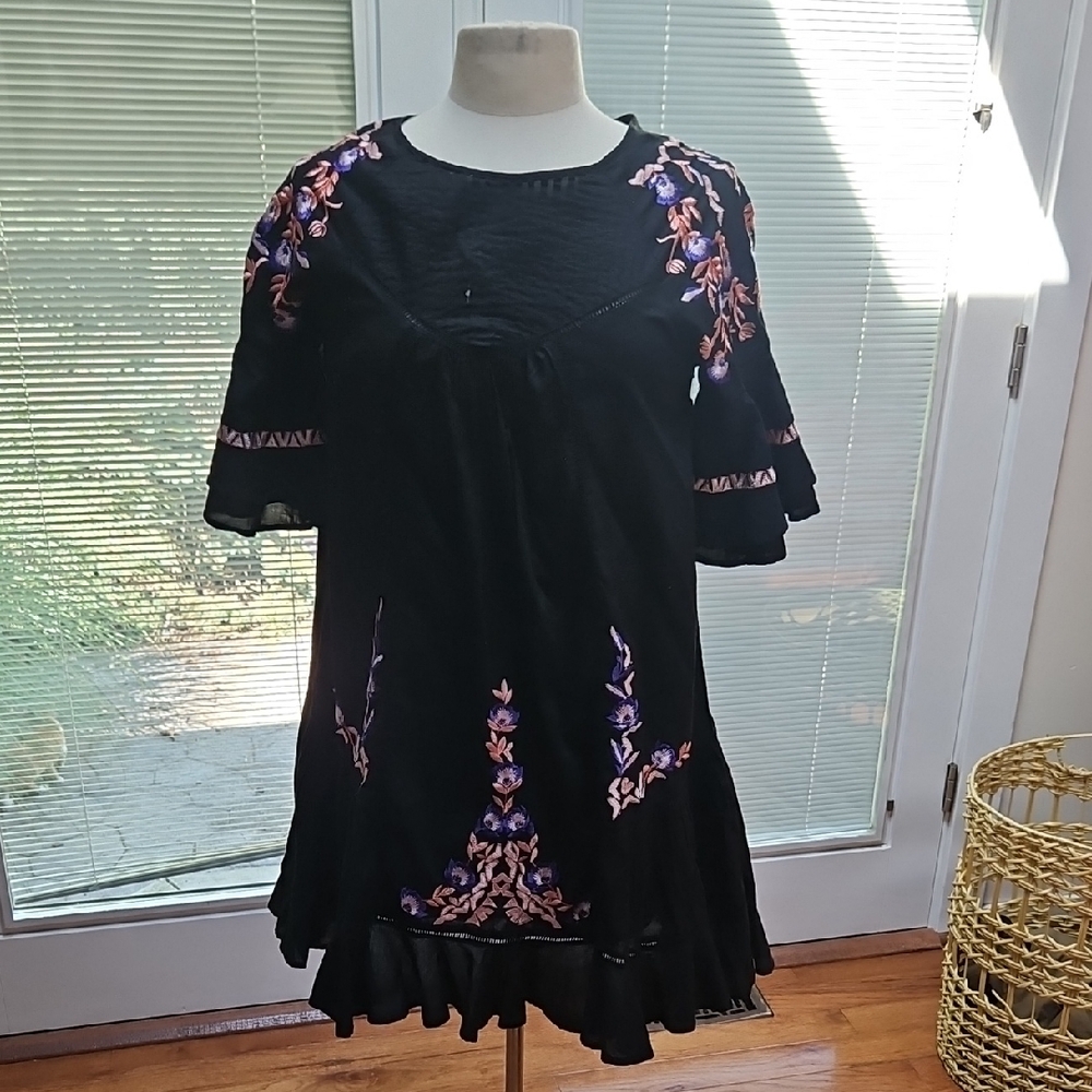 Free People Black Mini Dress with Purple and Pink Embroidery